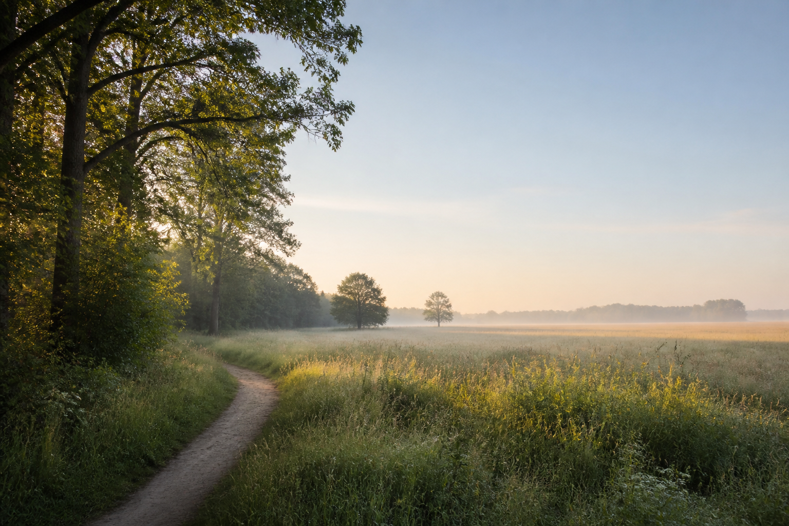 A quiet path along an open meadow in soft morning light